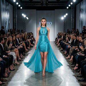 Invito Haute Couture Aqua Halter Hi Lo Embellished Overlay Maxi Runway Dress 10